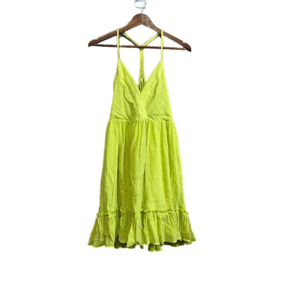 New In Strappy Sundress Lime Green Crinkle Midi Ruffle Hem L